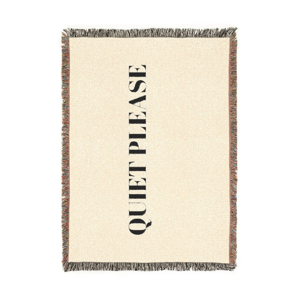 Quiet Please Woven Blanket — Neutral Home Throw with Bold Text
