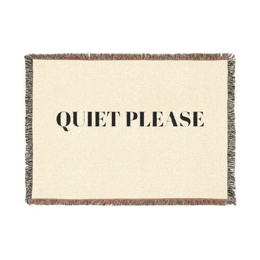 Quiet Please Woven Blanket — Neutral Home Throw with Bold Text